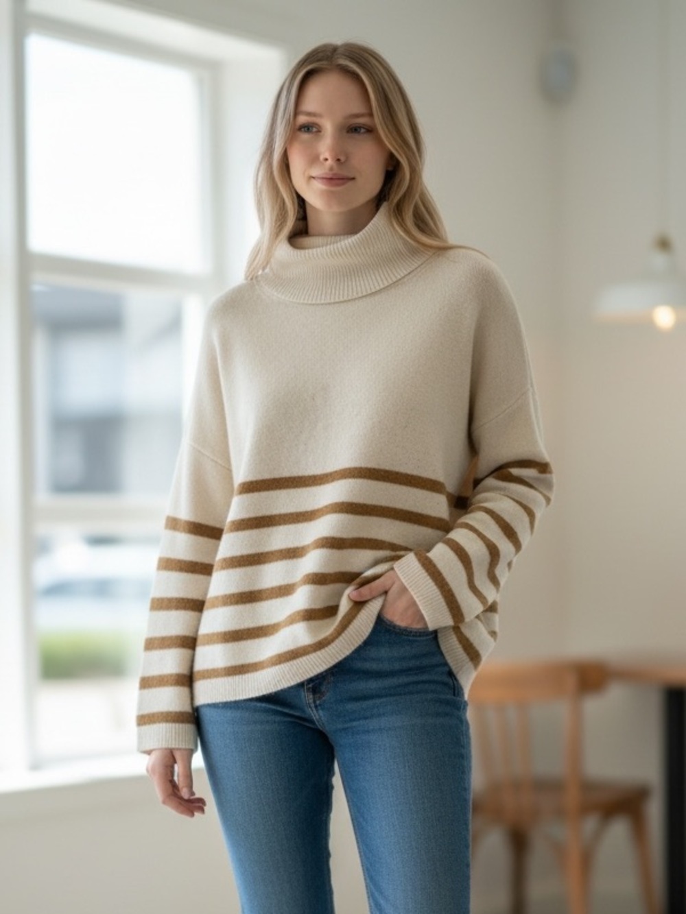 Frame 100% Cashmere - Cream and Tan Striped Turtleneck Sweater